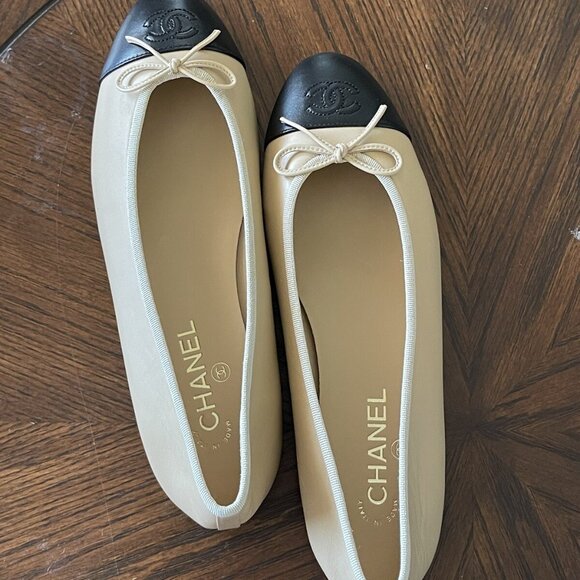 CHANEL Beige Lambskin Cap Toe Ballerina Flats - Picture 10 of 16